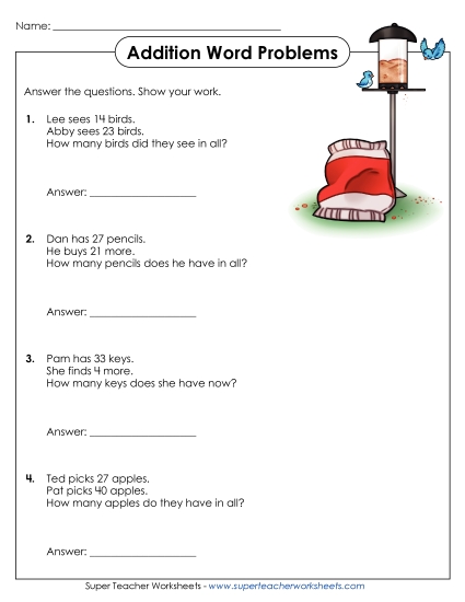 Addition (No Borrowing) - Word Problems: 2-Digit Addition (No Regrouping) (Printable PDF Worksheet)