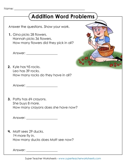 Worksheets (2-Digit Addends) - Word Problems: 2-Digit Addition (Regrouping) (Printable PDF Worksheet)