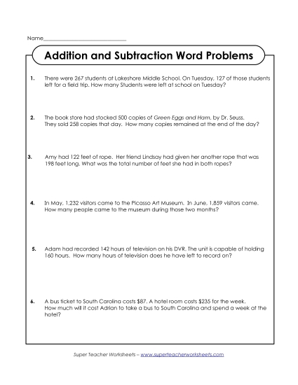 Addition and Subtraction Mixed - Word Problems: Addition and Subtraction (Printable PDF Worksheet)