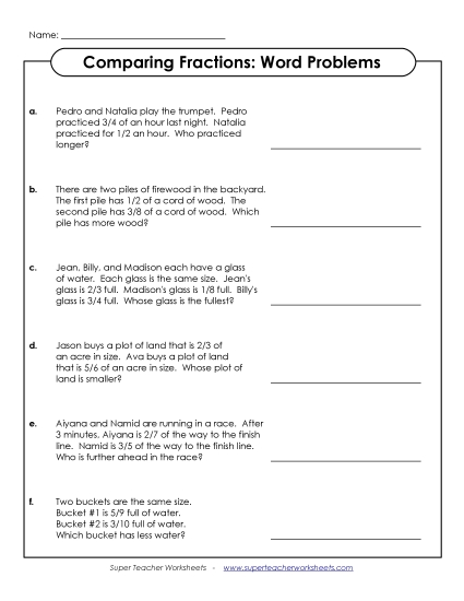 Comparing Fractions - Word Problems: Compare Fractions 2 (Printable PDF Worksheet)