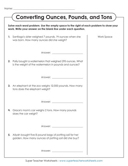 Worksheets - Word Problems: Converting Ounces, Pounds, and Tons (Printable PDF Worksheet)