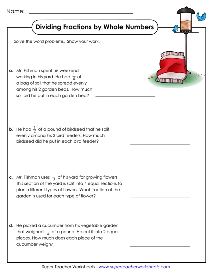 Dividing Fractions - Word Problems: Dividing Fractions by Whole Numbers (Printable PDF Worksheet)