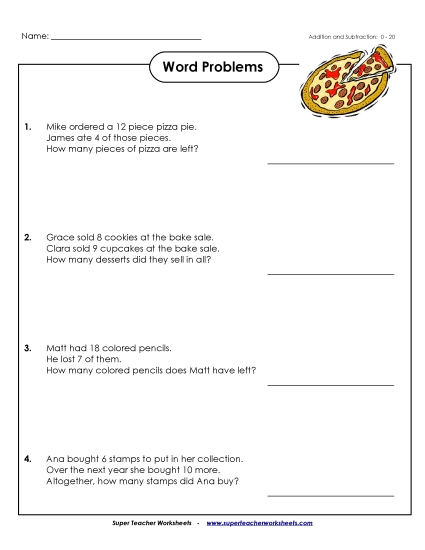 Addition and Subtraction Mixed - Word Problems:  Facts 0-20 (Printable PDF Worksheet)
