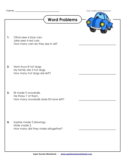 Word Problems - Word Problems: Single-Digit (Printable PDF Worksheet)