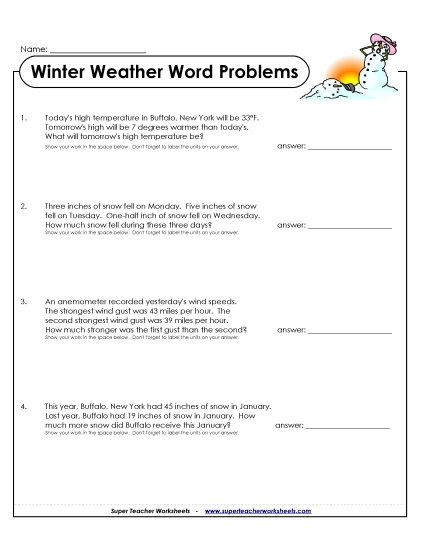Addition and Subtraction Mixed - Word Problems: Winter Addition and Subtraction (Printable PDF Worksheet)