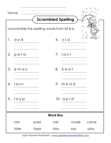 Worksheets - Word Scramble (B-6) (Printable PDF Worksheet)