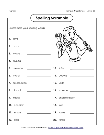 Worksheets and Activities - Word Scramble (C-Simple Machines Words)  (Printable PDF Worksheet)
