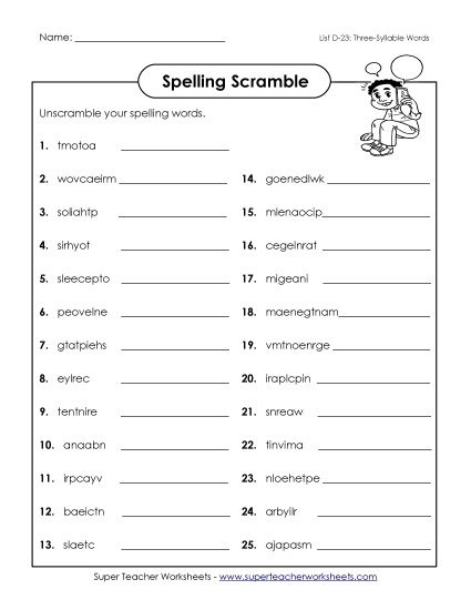 Worksheets - Word Scramble (D-23) (Printable PDF Worksheet)