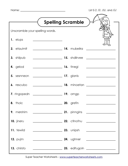 Worksheets and Puzzles - Word Scramble (E-2) (Printable PDF Worksheet)