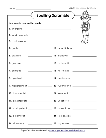 Printable Worksheets - Word Scramble (E-21) (Printable PDF Worksheet)
