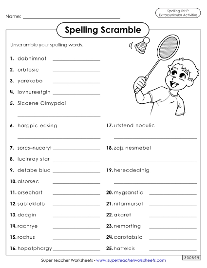 Worksheets and Puzzles - Word Scramble (Extracurriculars) (Printable PDF Worksheet)