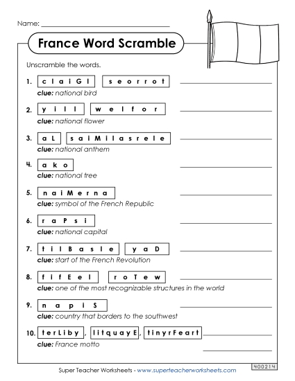 Puzzles - Word Scramble - France (Printable PDF Worksheet)