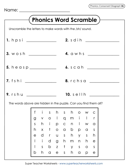 Worksheets - Word Scramble - /sh/ (Printable PDF Worksheet)