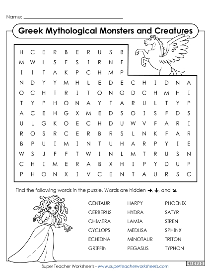 Puzzles - Word Search: Creatures & Monsters (Printable PDF Worksheet)