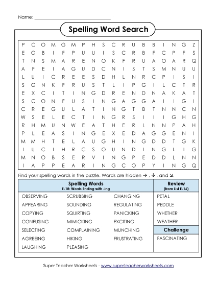 Printable Worksheets - Word Search (E-18) (Printable PDF Worksheet)