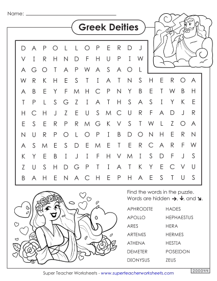 Puzzles - Word Search: Greek Deities (Printable PDF Worksheet)