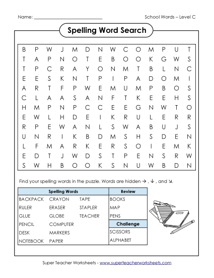 Worksheets and Activities  - Word Search Puzzle (C-School Words)  (Printable PDF Worksheet)