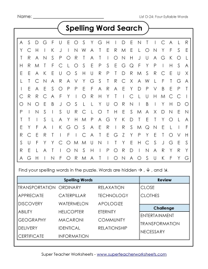 Worksheets - Word Search Puzzle (D-24) (Printable PDF Worksheet)