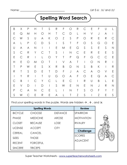 Printable Worksheets - Word Search Puzzle (E-6) (Printable PDF Worksheet)