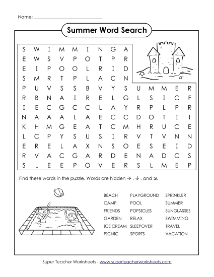 Puzzles & Activities - Word Search Puzzle - Summer (Intermediate) (Printable PDF Worksheet)