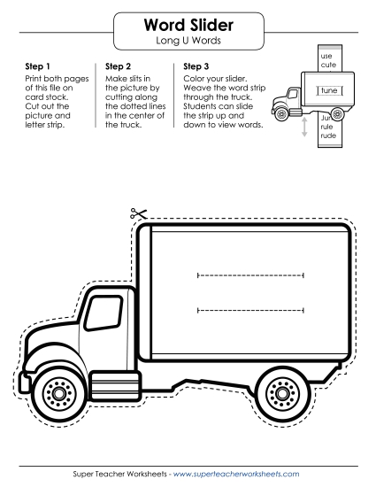 Flash Cards, Sliders, and Word Wheels - Word Slider 1 - Long U (Printable PDF Worksheet)