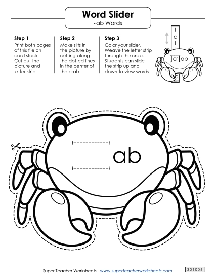 Word Slider, Flash Cards, and Word Wheel - Word Slider (-ab Words) (Printable PDF Worksheet)