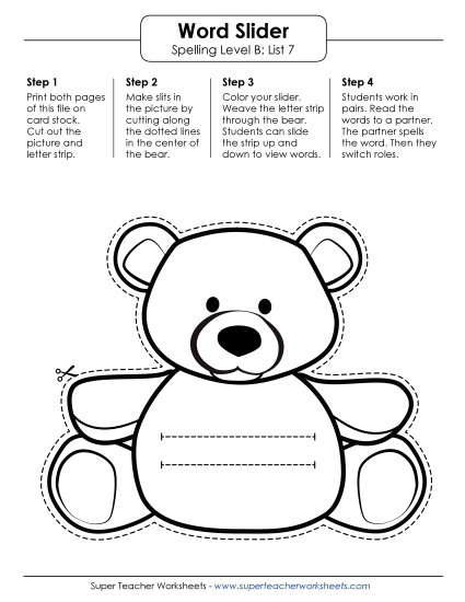 Flashcards, Word Wheel, and Slider - Word Slider (B-7) (Printable PDF Worksheet)
