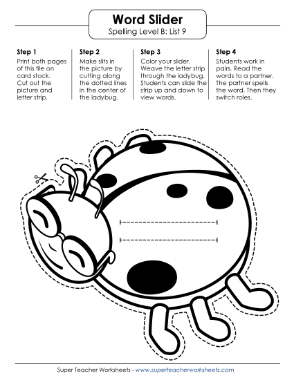Flashcards, Word Wheel, and Slider - Word Slider (B-9) (Printable PDF Worksheet)