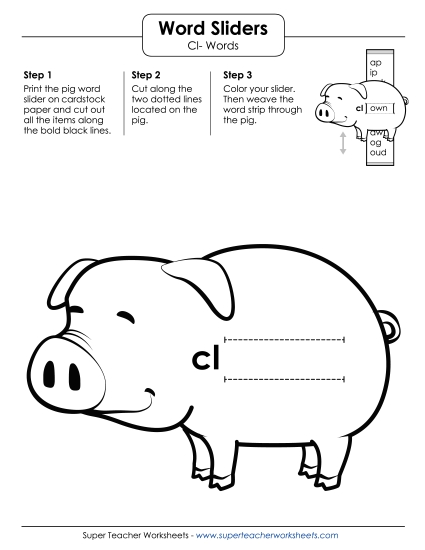 Flashcards, Sliders, and Word Wheels - Word Slider (Cl- Words)  (Printable PDF Worksheet)