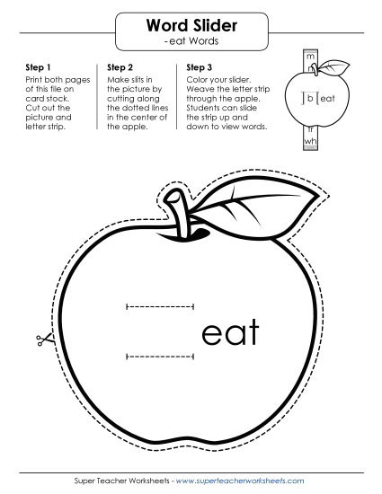 Word Slider, Flashcards, and Word Wheel - Word Slider (-eat Words) (Printable PDF Worksheet)