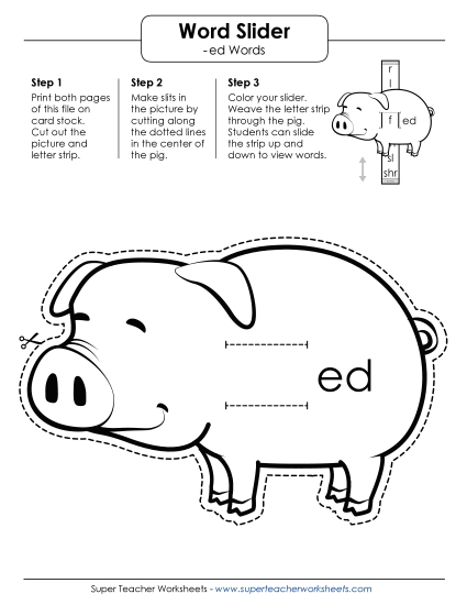 Word Slider, Flashcards, and Word Wheel - Word Slider (-ed Words) (Printable PDF Worksheet)