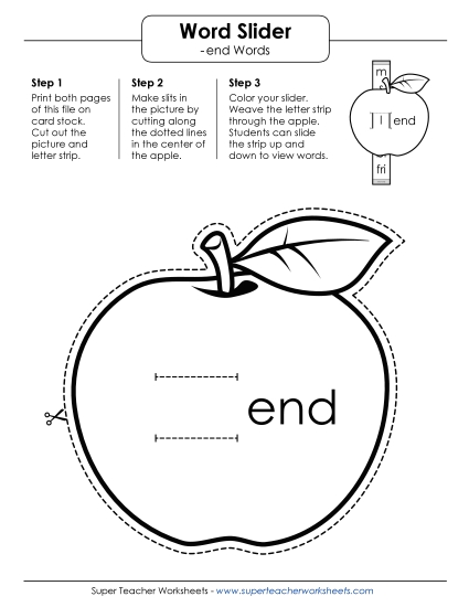 Word Slider, Flashcards, and Word Wheel - Word Slider (-end Words) (Printable PDF Worksheet)
