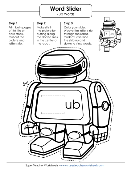 Word Slider, Flashcards, and Word Wheel - Word Slider (-ub Words) (Printable PDF Worksheet)