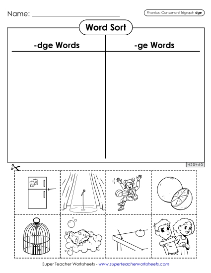 Cut-and-Glue Activities - Word Sort (-dge Words) - Advanced (Printable PDF Worksheet)