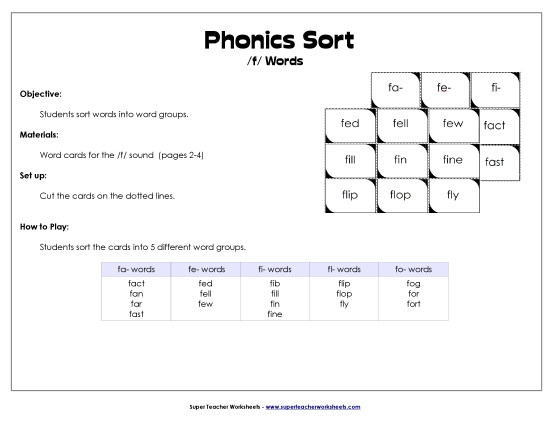 Card Games & Sorts - Word Sort - /f/ (Printable PDF Worksheet)
