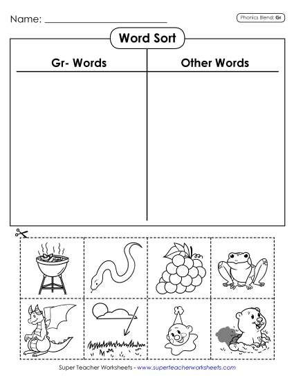 Cut and Glue Activities - Word Sort (Gr- Words) (Printable PDF Worksheet)