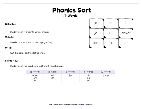 Card Games & Sorts - Word Sort - /j/ (Printable PDF Worksheet)