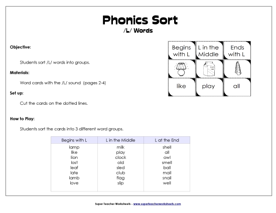 Card Games & Sorts - Word Sort - /L/ (Printable PDF Worksheet)