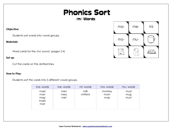 Card Games & Sorts - Word Sort - /m/ (Printable PDF Worksheet)