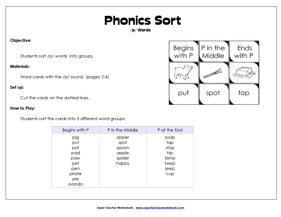 Card Games & Sorts - Word Sort - /p/ (Printable PDF Worksheet)