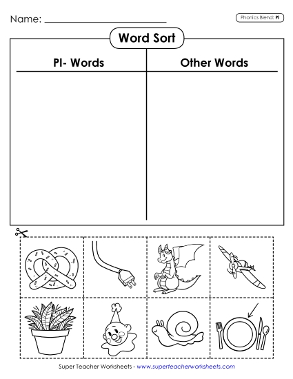 Cut and Glue Activities - Word Sort (Pl- Words) (Printable PDF Worksheet)