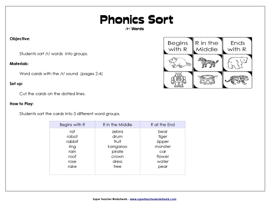 Card Games & Sorts - Word Sort - /r/ (Printable PDF Worksheet)