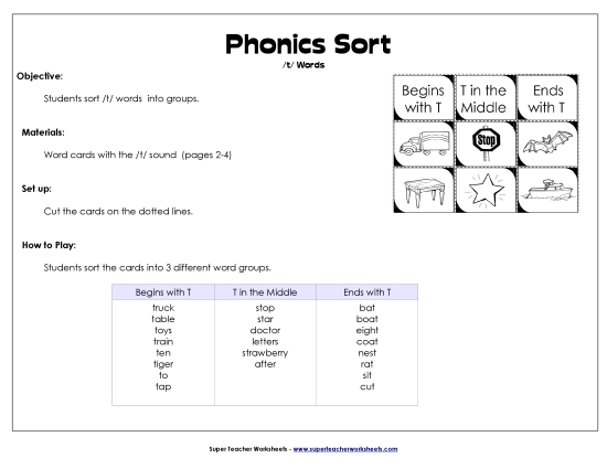 Card Games & Sorts - Word Sort - /t/ (Printable PDF Worksheet)