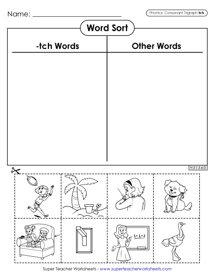 Cut-and-Glue Activities - Word Sort (-tch Words) - Advanced (Printable PDF Worksheet)