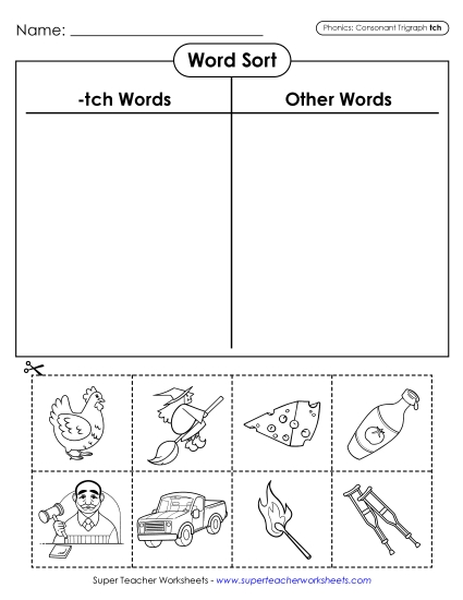 Cut-and-Glue Activities - Word Sort (-tch Words) (Printable PDF Worksheet)