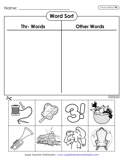 Worksheets - Word Sort (Thr- Words) (Printable PDF Worksheet)