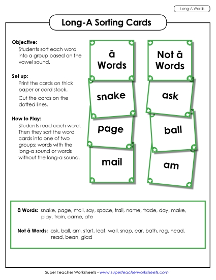 Games & Learning Centers - Word Sorting Cards (Long A Words) (Printable PDF Worksheet)