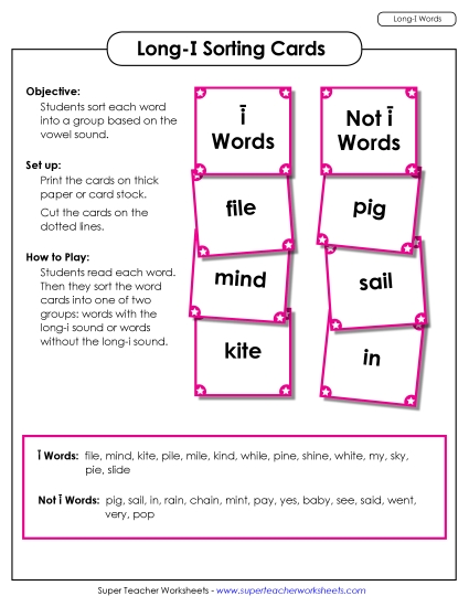 Games & Learning Centers - Word Sorting Cards (Long I Words) (Printable PDF Worksheet)