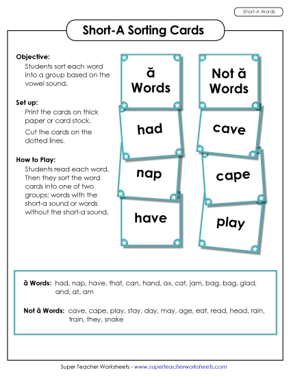 Games & Learning Centers - Word Sorting Cards (Short A Words) (Printable PDF Worksheet)