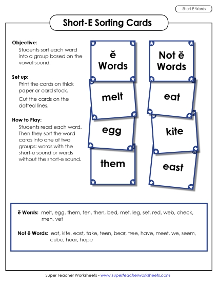Games & Learning Centers - Word Sorting Cards (Short E Words) (Printable PDF Worksheet)